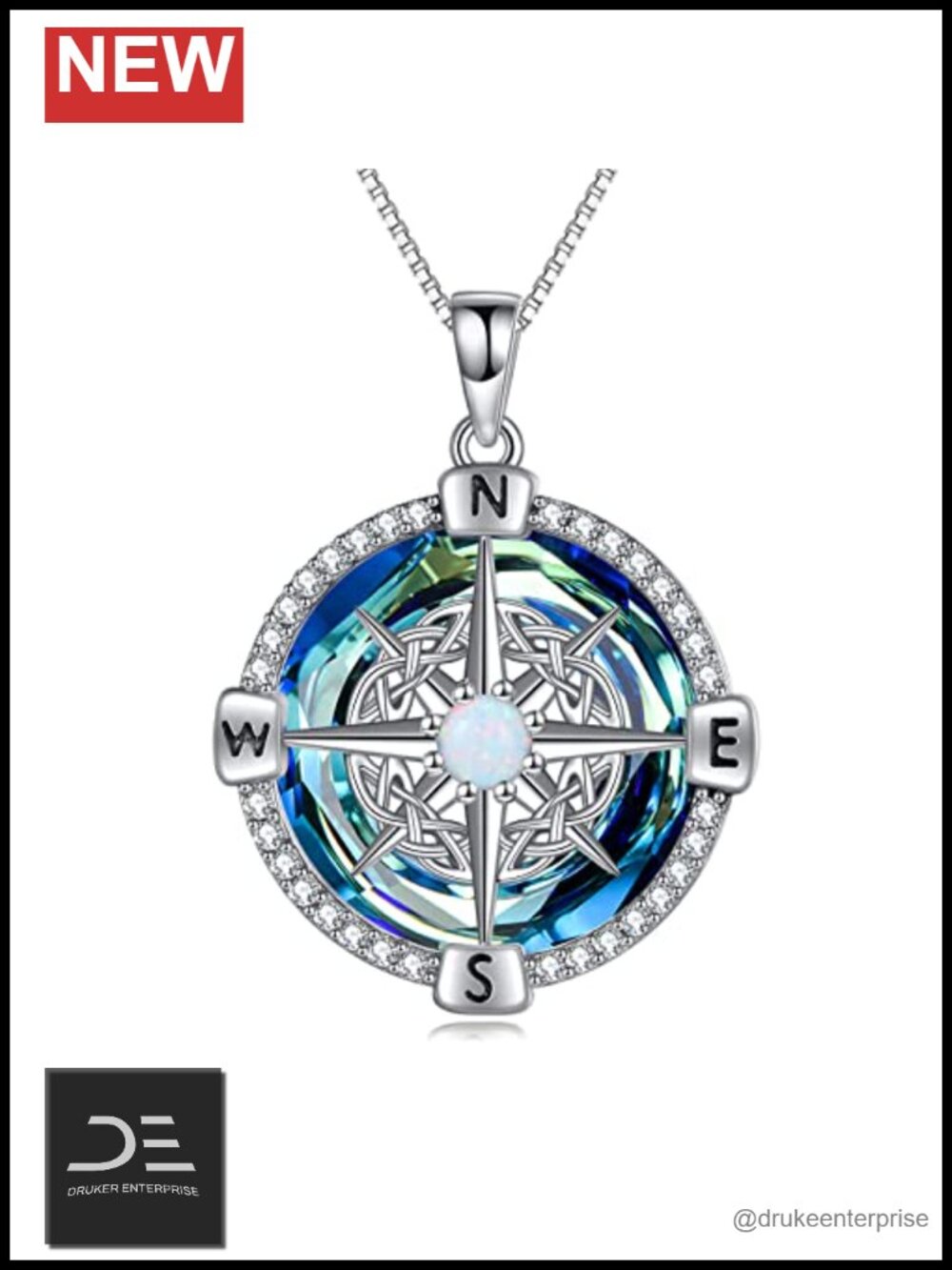 Sterling Silver Compass Pendant Necklace, Blue Opal Crystal, Travel Gift for
